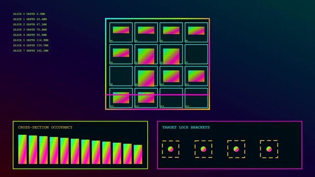 a parcel locker interface displays dynamic grid scanning patterns and volumetric depth metrics across three consecutive frames showing digital monitoring of automated storage systems during operation