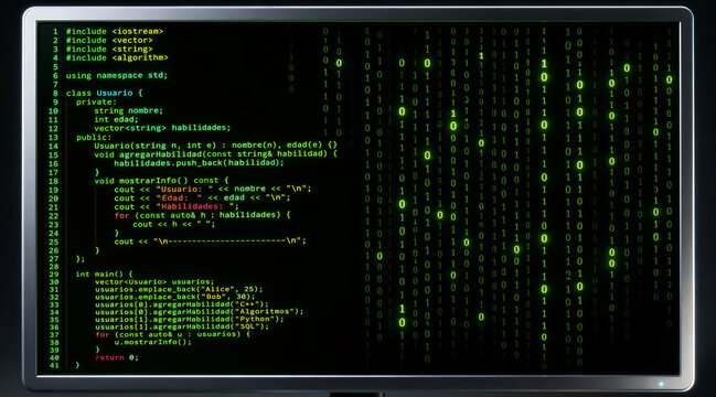Computer Monitor Showing C++ Programming Code and Binary Data.