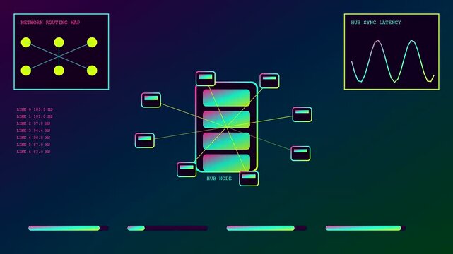 a glowing digital parcel locker interface displays active network node traffic flow and oscillating latency wave patterns across three repeating split screen interface panels captured live