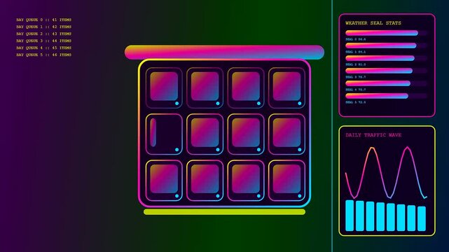 A digital parcel locker display featuring dynamic loading bars and vibrant neon grid patterns captured in a fluid animation sequence showing shipping logistics data flow