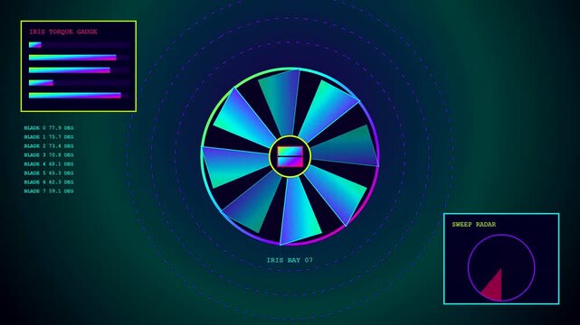 A circular parcel locker iris scanning display screen shows rotating fan blades and gauge data metrics while the radar scanner sweeps in a continuous digital cycle