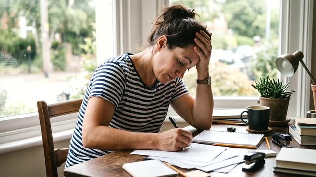 Tired young woman sitting at a table with a notebook, feeling stressed and overwhelmed while studying or working at home.