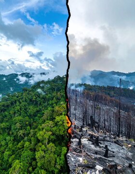 A stark contrast between lush green rainforest and a burned, charred landscape split by fire. This dramatic environmental concept evokes urgency for climate action. Nobody.