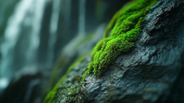 Extreme Macro Shot of Vibrant Green Moss Growing on Dark Damp Rock Surface in Forest, Cinematic Full HD Nature Footage