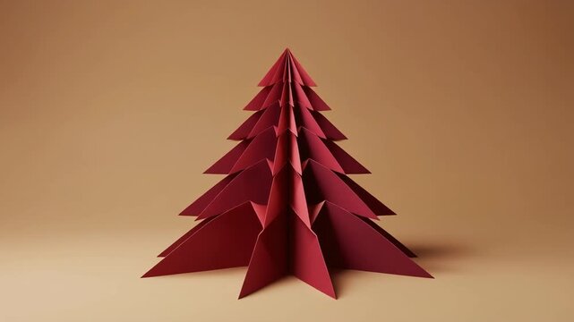 Red Paper-cut Origami Christmas Tree Unfolding Layer by Layer for Festive Holiday Celebration
