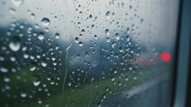 Extreme Macro Close-up of Raindrops on Train Window Glass with Blurred Motion Background, Cinematic Moody Rain Atmosphere, Full HD 1080p Travel Footage