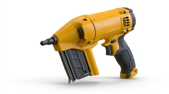 Pneumatic nail gun with magazine on white background