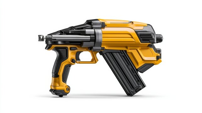 Nail gun product render on bright white studio backdrop