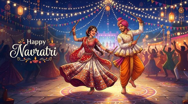 Happy Indian couple performing traditional garba dance on navratri festival celebration night with ethnic clothing and colorful folk background