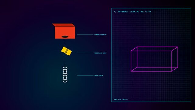 Container lashing system assembly process animated sequence showing hardware components including corner casting twistlock assembly and metal link chain on a digital dark blue grid layout