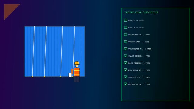 Container lashing is verified by a harbor worker checking a digital inspection checklist on a screen while standing beside a large blue freight cargo unit