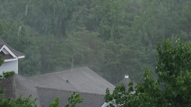 Hurricane Strikes City With Strong Winds and Torrential Rain. Tropical Storm on Residential Area. Heavy Rain Extreme Weather. Storm Surge. Global Warming Climate Change. Thunderstorm Typhoon Storm.