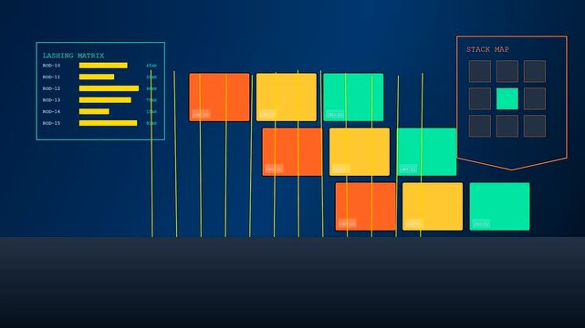 Digital visualization showing container lashing interface screens displaying multiple stacked cargo blocks in a rhythmic animation sequence of logical grid movements on deep blue background