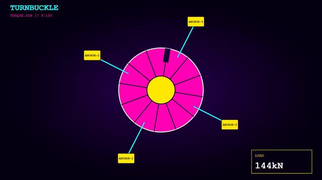 Container lashing interface displays rotating digital turnbuckle simulation with cargo weight metrics shown on a dark screen featuring modular circular geometry and neon graphical data points