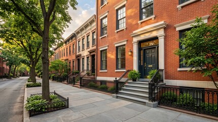 Fototapeta premium Red brick townhouse entrance with black door beside tree lined sidewalk