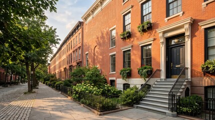 Fototapeta premium Red brick townhouse facade with wide steps and window planters