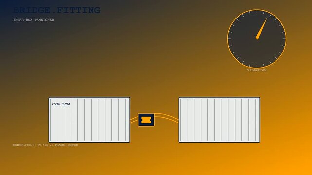 A digital container lashing interface showing real time bridge fitting status with flickering tension metrics and oscillating vibration gauges on a dark gradient amber display screen