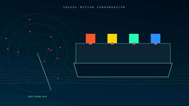 Container lashing interface displays shifting digital cargo positions on a naval vessel screen representing maritime logistics movement tracking for transport operations in a dark neon aesthetic