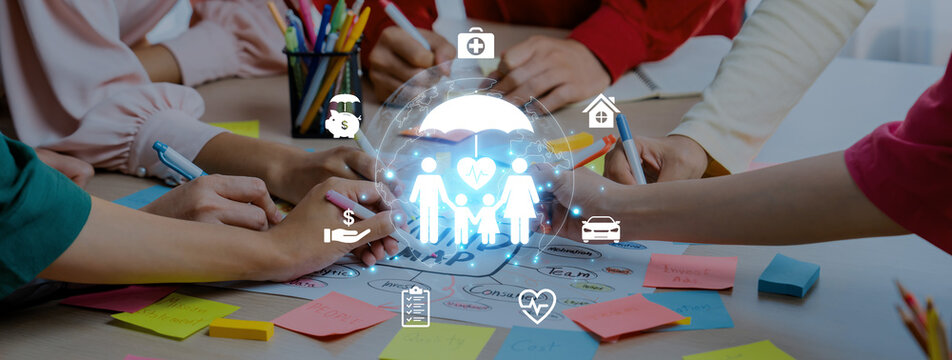 Concept of comprehensive insurance coverage and financial planning. A policy that provides life, health, and asset protection for a family's security and risk management. Fermion