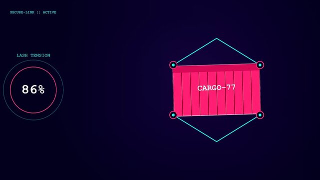 Container lashing data monitoring displayed on a dark virtual interface screen with pulsing circles and pink cargo boxes showing live weight percentages in a digital environment