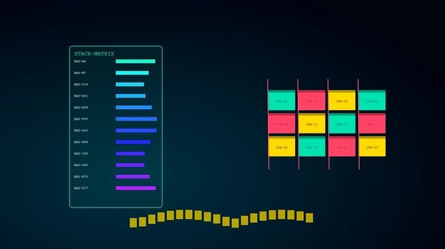 A digital container lashing visualization shows a complex stack matrix panel with moving colorful blocks and glowing neon bars flickering on a dark screen display interface