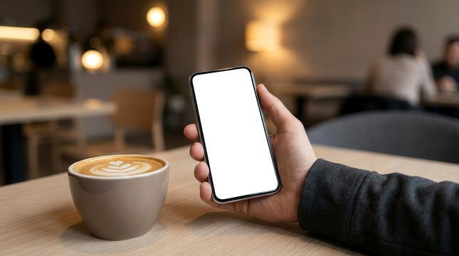Hand holding a smartphone with a blank white screen next to a cup of coffee