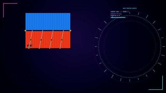 A digital container lashing interface screen displays cargo bay tension metrics with circular scanning graphics presented in a repeated sequence for professional logistics operations tracking