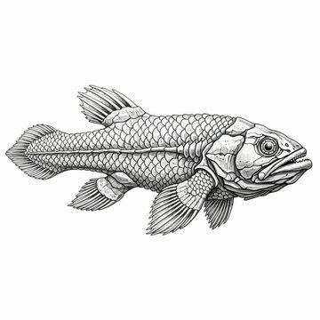 Detailed black and white illustration of a prehistoric coelacanth fish isolated on white background