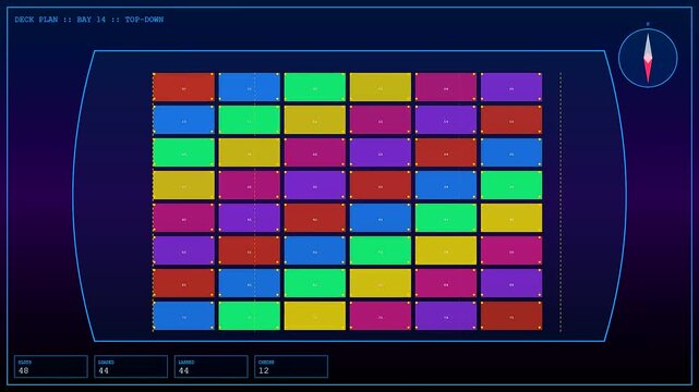 Container lashing view displayed on a digital interface showing a colorful grid layout of cargo units in a ship bay monitor during maritime logistics operations