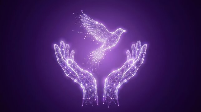 Glowing bird taking flight from wireframe human hands.