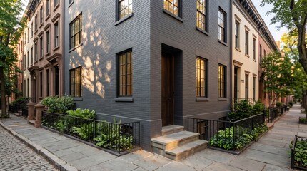 Fototapeta premium Gray brick corner townhouse with recessed doorway and iron railings