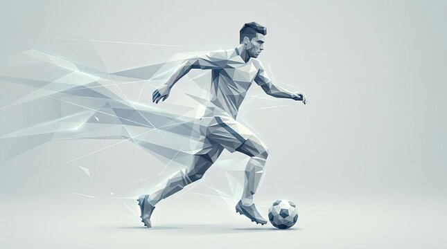 Low poly soccer player dribbling ball on white background.