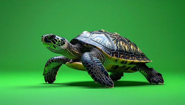 Majestic Turtle Posing on Green Backdrop in Studio Setting.