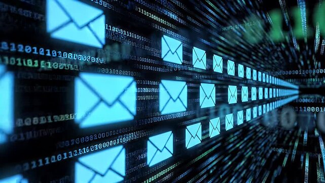 Digital email communication abstract concept with glowing blue envelopes and binary code flow