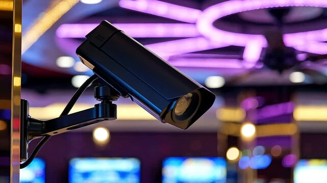 CCTV surveillance camera mounted inside casino with blurred bright lights background