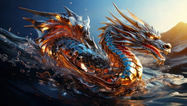 Majestic Water Dragon - A Symphony of Color and Power in Motion.