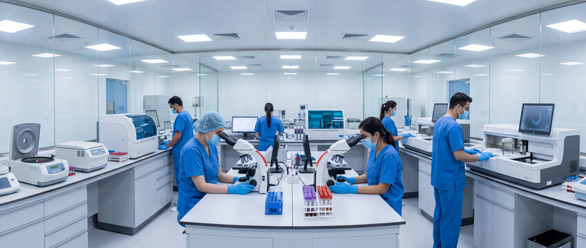 Clinical Lab Team Working With Microscopes and Test Tubes