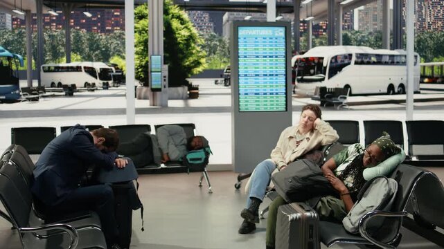 Exhausted travelers fall asleep on bus terminal chairs during a long wait between routes, dozing in the waiting area before continuing their trip.