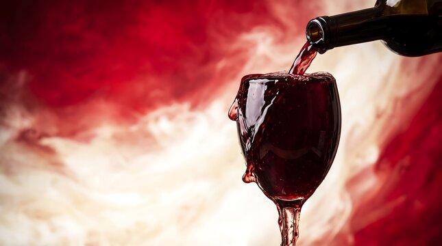 Red wine pouring from bottle into glass against abstract background