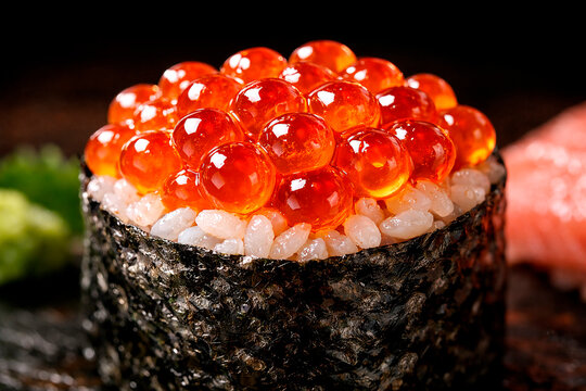 Salmon roe gunkan maki sushi featuring orange fish eggs atop vinegared rice wrapped with dark dried seaweed, japanese cuisine, seafood delicacy, gourmet appetizer.