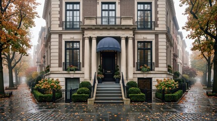 Naklejka premium Brick townhouse front with blue canopy and autumn landscaping