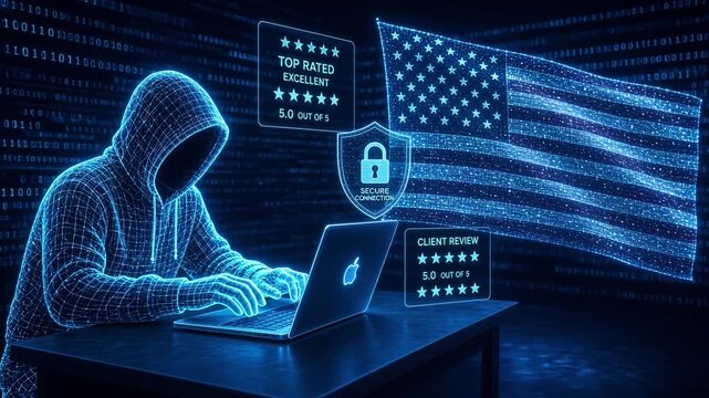 Holographic cyber hacker using laptop with digital United States flag and secure connection icons, representing government cybersecurity and data protection concept