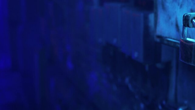 A metal door is secured with a lock. Blue lighting surrounds the door, creating a mysterious vibe. The setting is dark and suggests a late hour, likely an urban environment.
