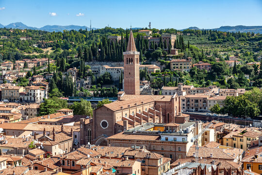 scenic view to old town of Verona and Basilica di Santa Anastasia