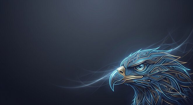 Abstract continuous line art of an eagle profile illuminated with glowing blue and gold lights