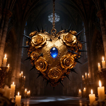 coraz&oacute;n dorado, coraz&oacute;n espinado, coraz&oacute;n, coraz&oacute;n ornamental, coraz&oacute;n g&oacute;tico, rosas doradas, rosas, flores, espinas, espinas negras, joyer&iacute;a, gema azul, piedra preciosa, cristal azul, cadena, cadena 