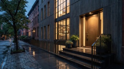 Fototapeta premium Modern townhouse exterior at night with wet sidewalk and lit windows