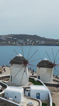 Aerial View Iconic Mykonos Windmills Overlooking Aegean Sea