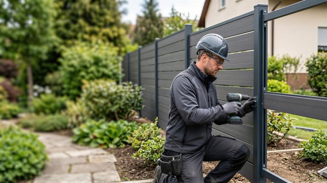 Installer using manual drill to mount composite fence panel in residential garden. Professional builder assembling modern privacy barrier. Exterior home renovation and improvement project.