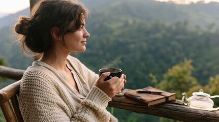 Fototapeta premium Woman drinking hot tea on a balcony with mountain nature views at morning sunrise